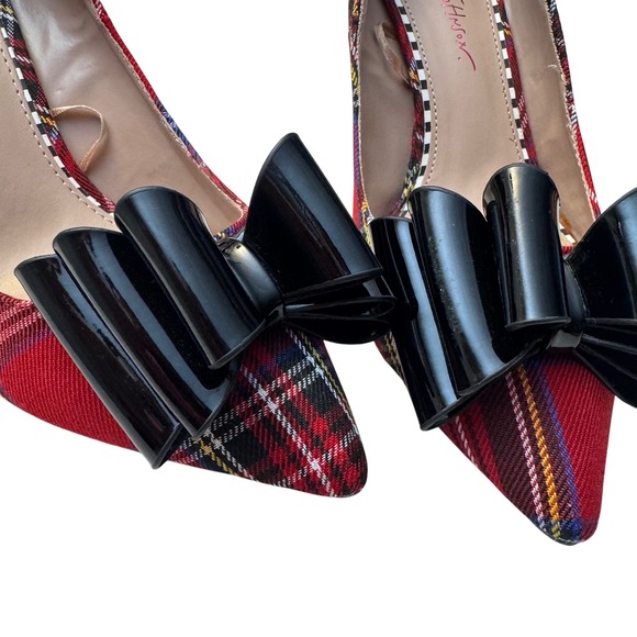 Betsey Johnson Heel 9 Christmas Red Plaid Bow Stiletto Pointed Toe Pumps Holiday - Picture 2 of 10
